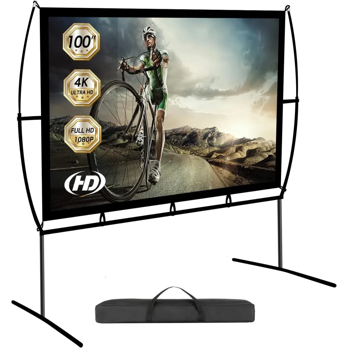 100 hüvelykes ívelt vetítővászon, elöl/hátul néz, 16:9 HD felbontású összecsukható, hordozható, otthoni használatra, beltérre/kültéri használatra, buliba, irodába, tanterembe