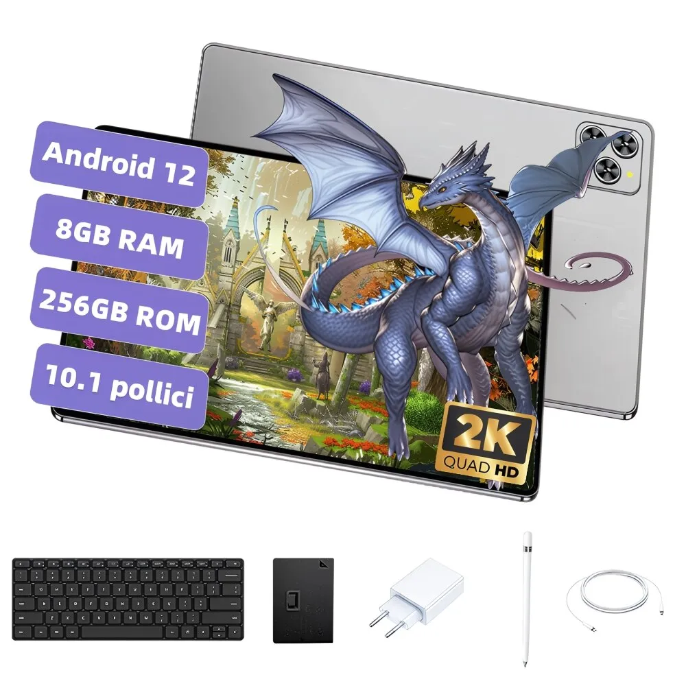 10,1 hüvelykes Android 12 táblagép, 8 GB RAM + 256 GB ROM, nyolcmagos, Wifi, 8000 mAh, 8 MP+16 MP, tokkal, billentyűzettel, ceruzával, szürke