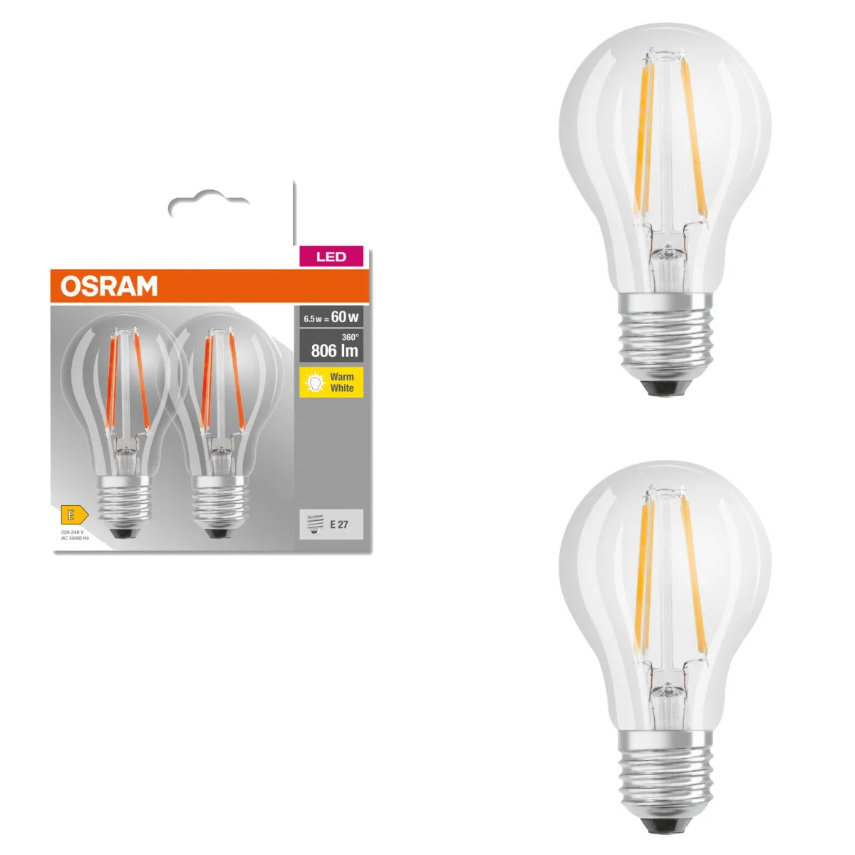 2 db Osram Base Filament LED izzós készlet A60, E27, 6,5W (60W), 806 lm, meleg fény (2700K), E energiaosztály
