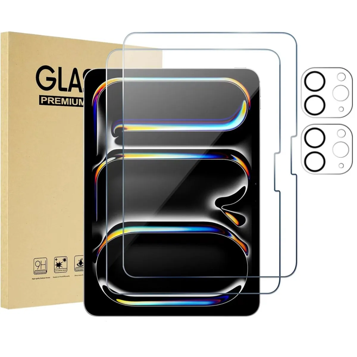 2 db védőfólia edzett üveg iPad Pro 11 hüvelykes (2024) átlátszó készlethez, JENOUS®, 2 db lencsék védőfóliával, Kiváló tisztaság, Egyszerű telepítés, Átlátszó