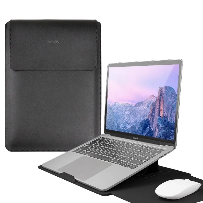 3 az 1-ben laptoptok összecsukható állvánnyal, NAXSIR, vízálló és karcálló, tépőzáras, hordozható, PU bőr, 15 hüvelyk/16 hüvelyk, 28 x 38 cm, fekete