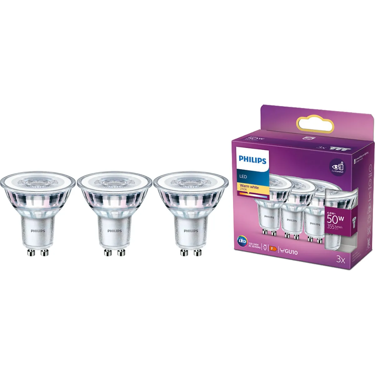 3 db LED spotlámpa csomag Philips Classic, GU10, 4,6 W (50 W), 355 lm, meleg fehér fény (2700 K)