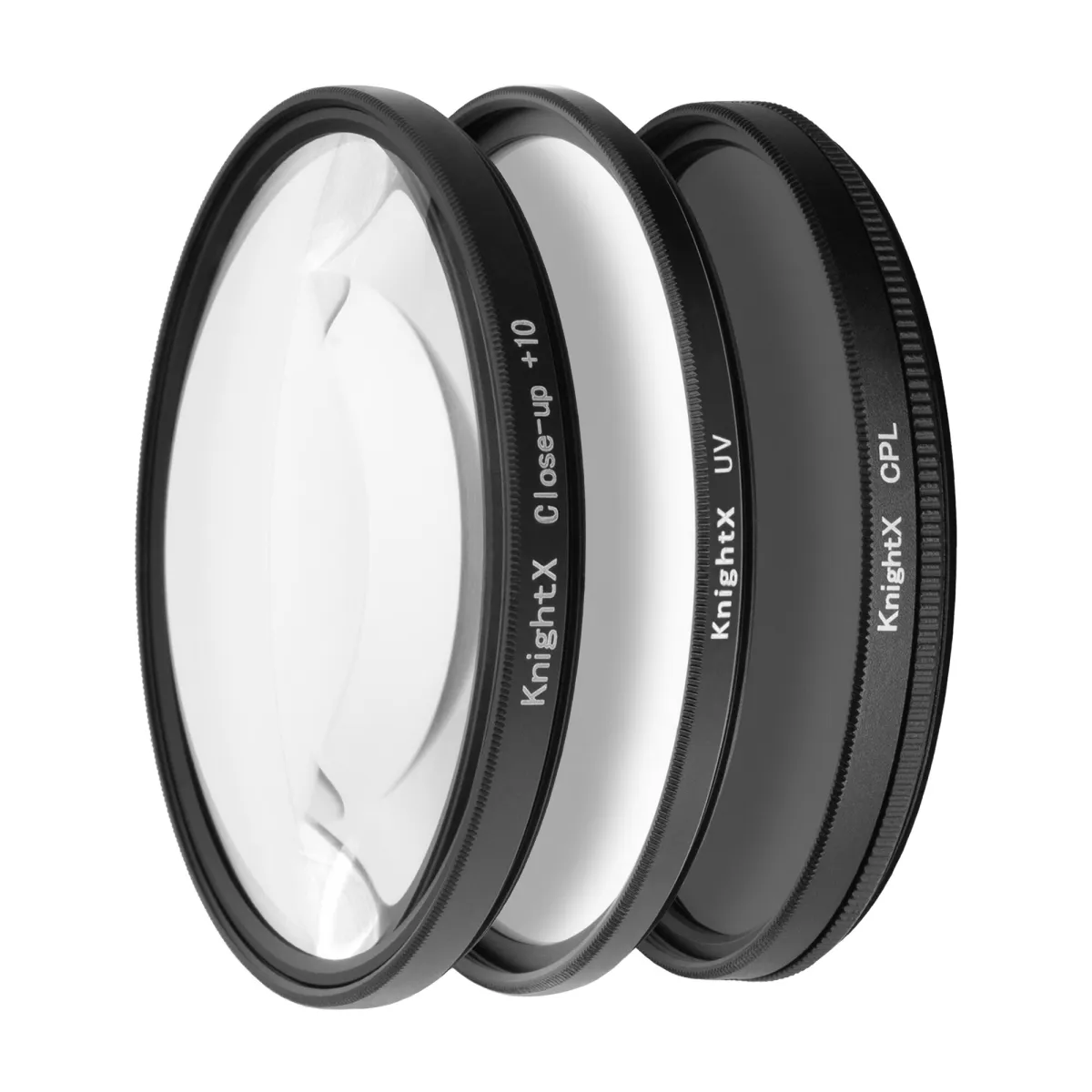 3 db szűrőkészlet, UV, CPL, CloseUp Macro +10, KnightX Enthusiast, 49 mm, tok és kendő