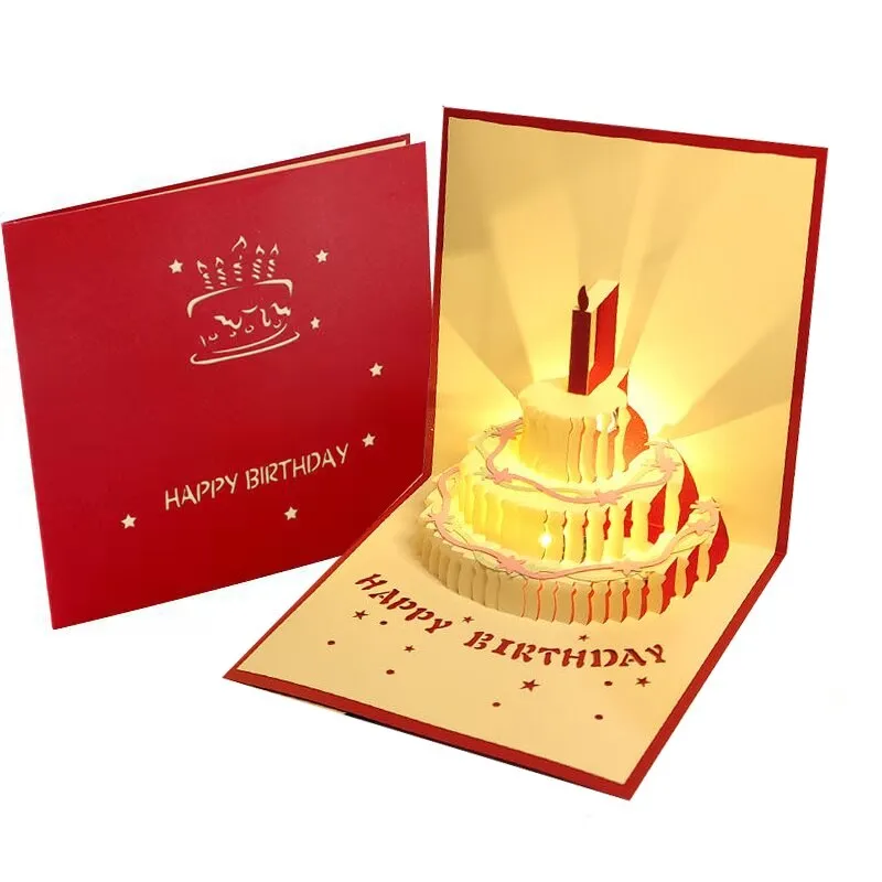 3D születésnapi üdvözlőlap, automata zenével és LED lámpákkal, piros, 15x15cm