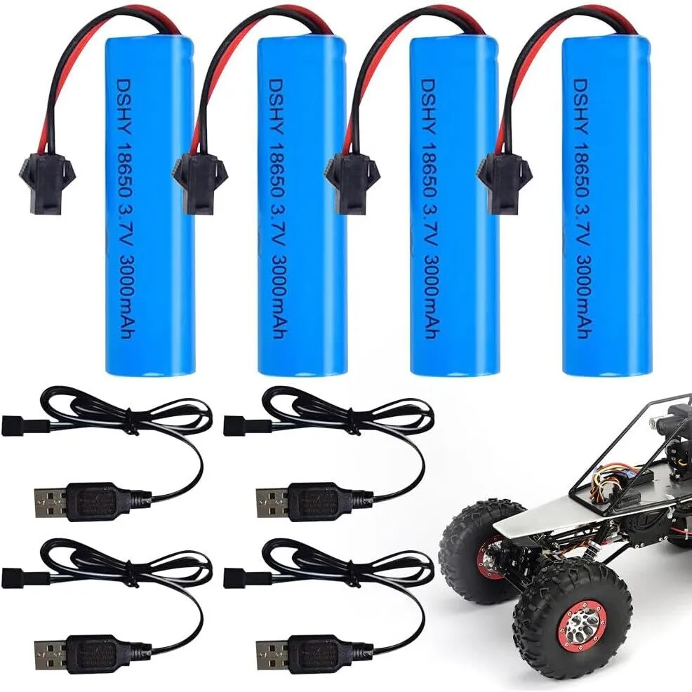 4 db 3,7 V-os 3000 mAh Li-ion akkumulátor USB töltővel RC autókhoz, PsAyl®, SM-2P csatlakozó, kompatibilis a DE45 DE42 1:14 off-road és drift versenymodellekkel