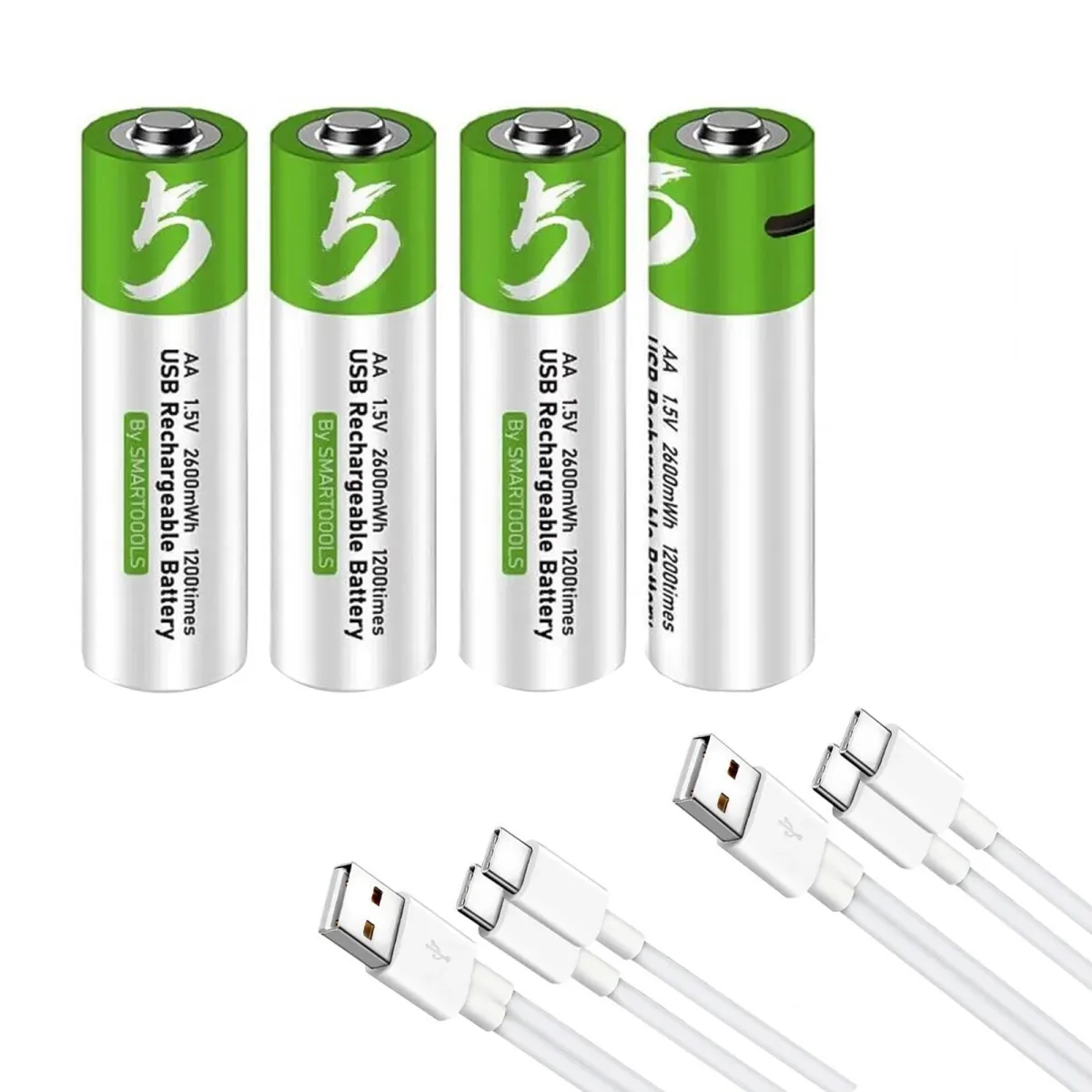4 db AA újratölthető elem készlet, Zggzerg, Li-ion, 2600 mwh, 1,5 V, 1,5 órás gyorstöltés, Több mint 1200 ciklus, Túltöltés elleni védelem, 2 db USB Type C töltőkábellel, Játékokhoz, távirányítókhoz, zseblámpákhoz, Többszínű