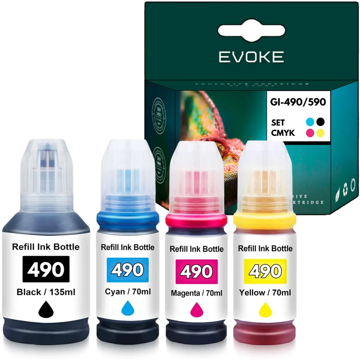 4 db Canon GI 490 XL nyomtató tintapatron készlet, 135 ml és 6000 oldal fekete, 70 ml és 7000 oldal színesen, GI490, kompatibilis a Pixma G1400 G1411 G2400 G2411 G3400 G3411