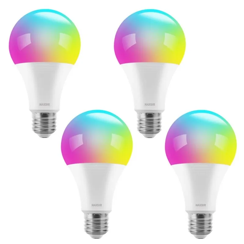 4 db intelligens RGB LED izzós csomag, NAXSIR, Távirányítóval, E27, 10W, fehér és színes fény (2700-6500K), F energiaosztály
