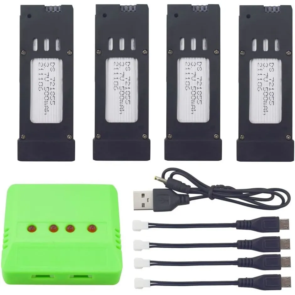 4 db LiPO 3.7V 500mAh akkumulátor és 4 az 1-ben töltő készlet E58 S168 JY019 RC Quadcopter drónokhoz - Gyorstöltő tápegységkészlet