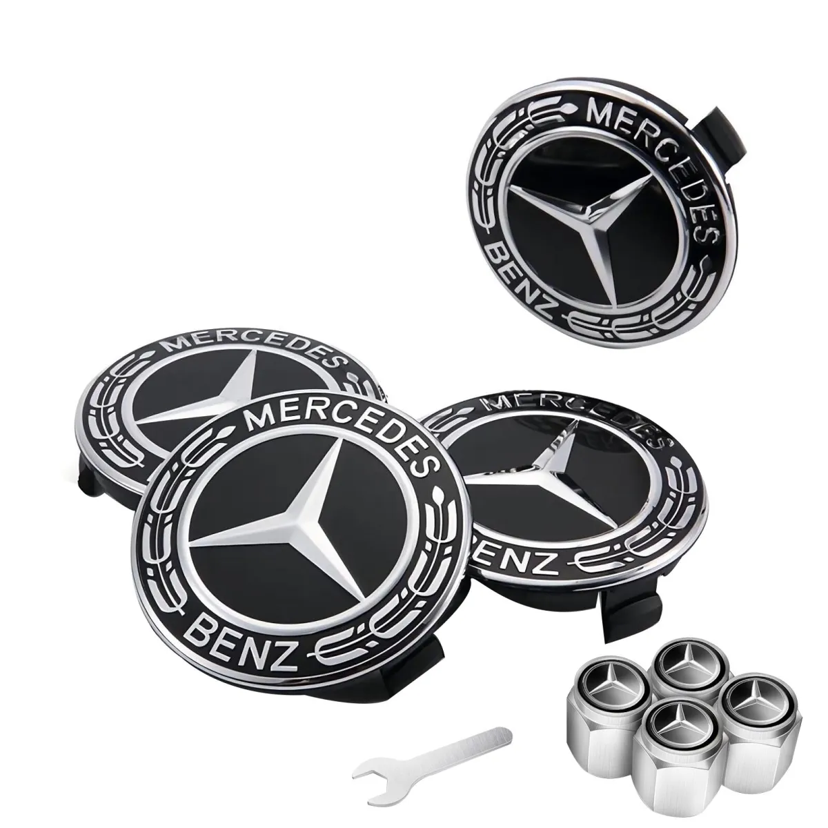 4 db-os kerékburkolat készlet, SINBINTA, 4 db gumiszelep burkolattal, Elegáns és dinamikus, Víz- és porálló, Könnyen felszerelhető és használható, Mercedes BENZ kompatibilis könnyűfém keréktárcsákhoz, ABS, 75 mm, Fekete/ezüst