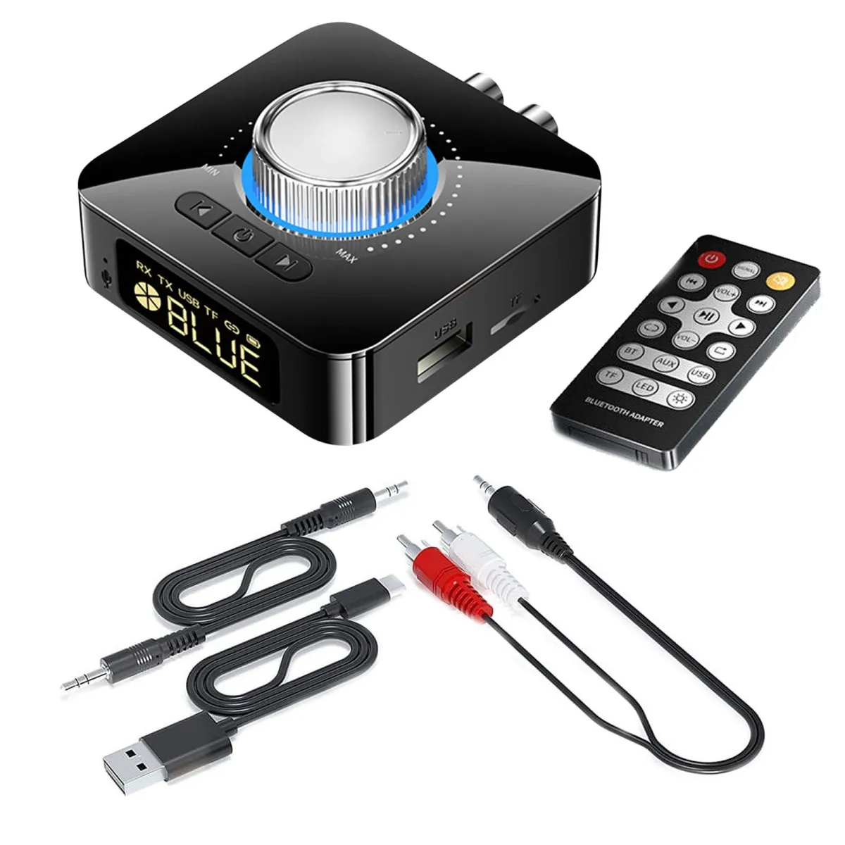 5 az 1-ben audio vevő Bluetooth adapter, NUODWELL, távirányítóval, forgatható hangerőszabályzó, beépített nagyfelbontású mikrofon, digitális LED kijelző, 400 mAh, RX/TX, AUX/RCA, fekete