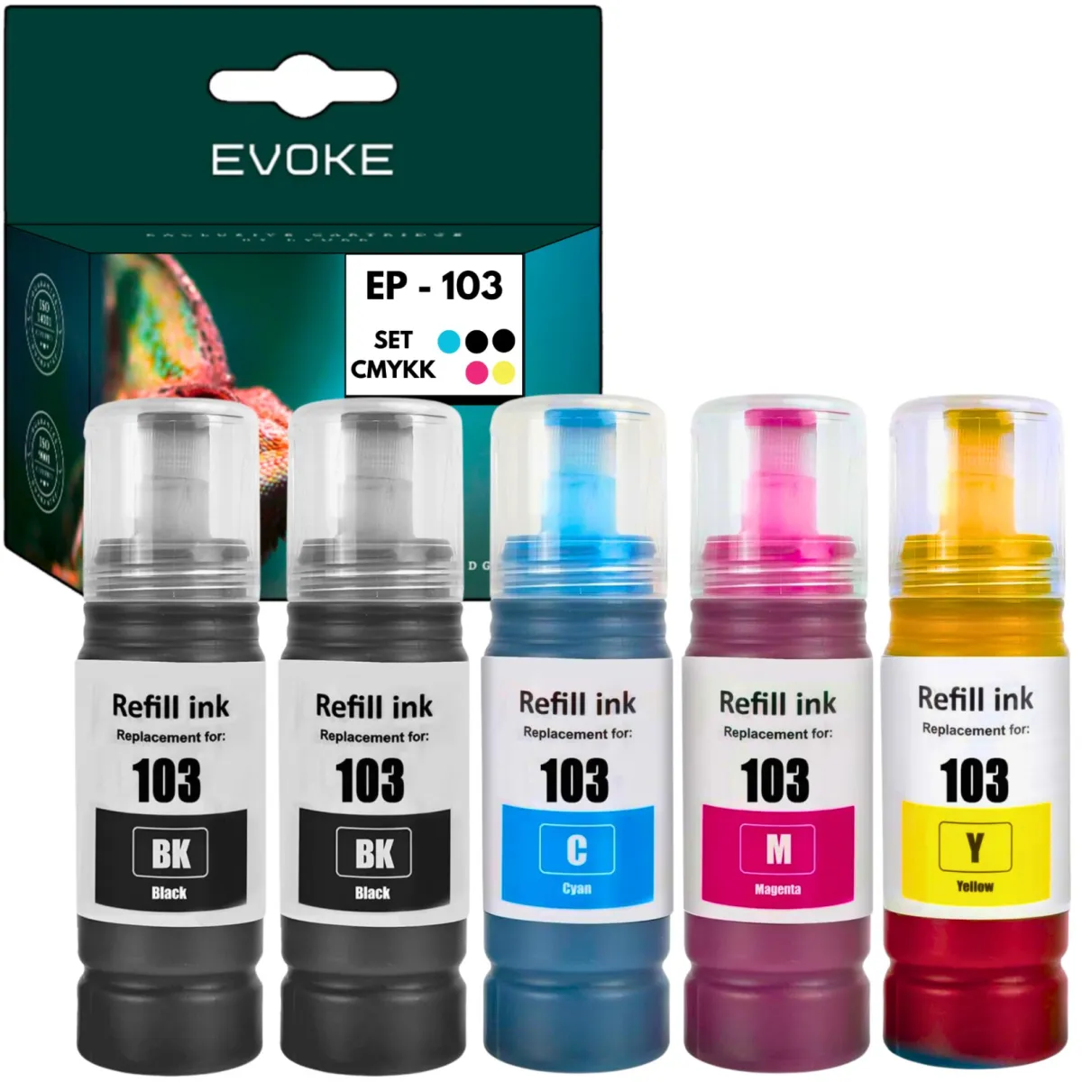 5 db Epson 103 CMYK nyomtató tintapalack készlet, 140 ml fekete, 70 ml CMY, kompatibilis az EcoTank L1110, L1250, L3100, L3110, L3150, L3160, L3210, L3211, L3250, L3251, L3256, L5190, L5290, L5590