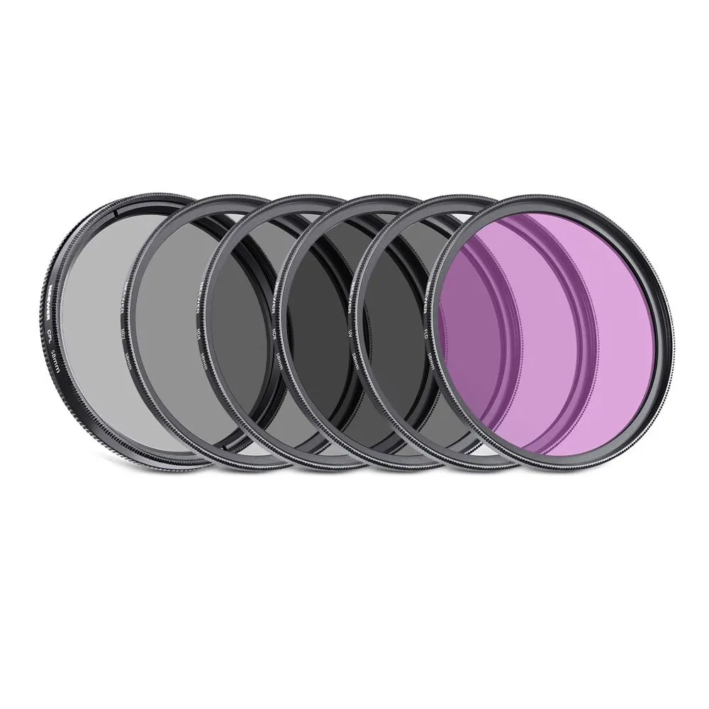 6 db-os szűrőkészlet, JENUOS®, ND2, ND4, ND8, UV, CPL, FLD, 58 mm, fekete