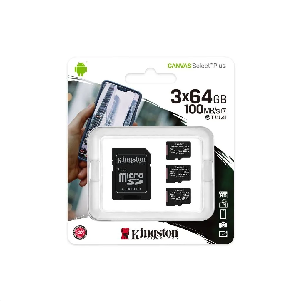 64GB microSDXC Kingston Canvas Select Plus CL10 memóriakártya 3db/cs + adapter (SDCS2/64GB-3P1A) (SDCS2/64GB-3P1A)