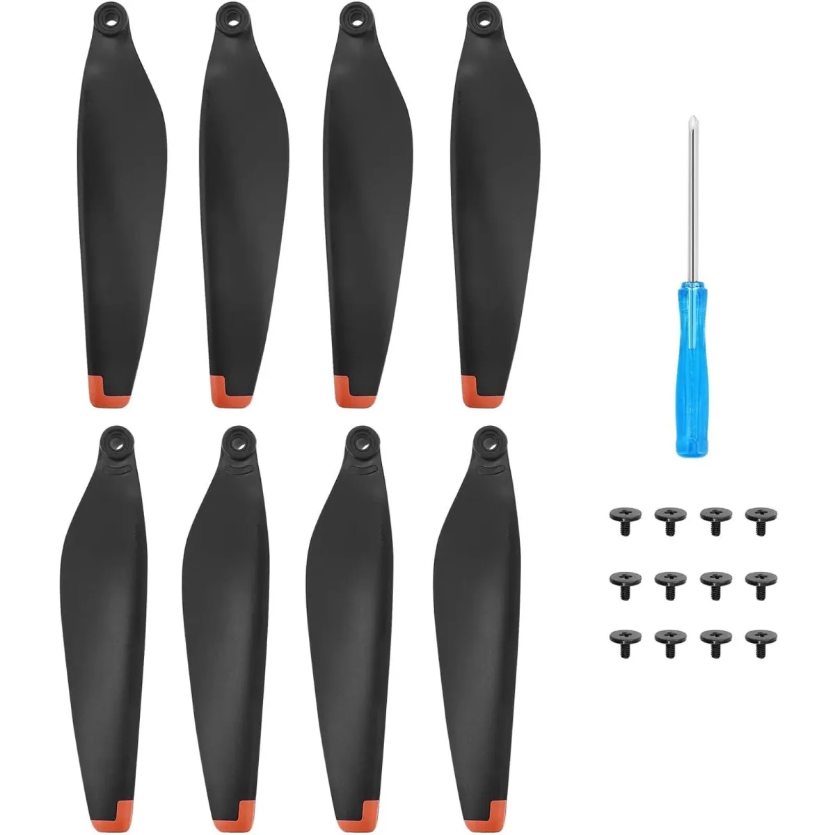 8 db drón propeller készlet, Hggzeg, 12 csavarral és csavarhúzóval, aerodinamikus kialakítás, alacsony zajszint, könnyen telepíthető, kopásálló, hordozható, kompatibilis a DJI MINI 4 PRO 6030F készülékkel, műanyag, 7,5 × 1,8 cm, fekete/narancs
