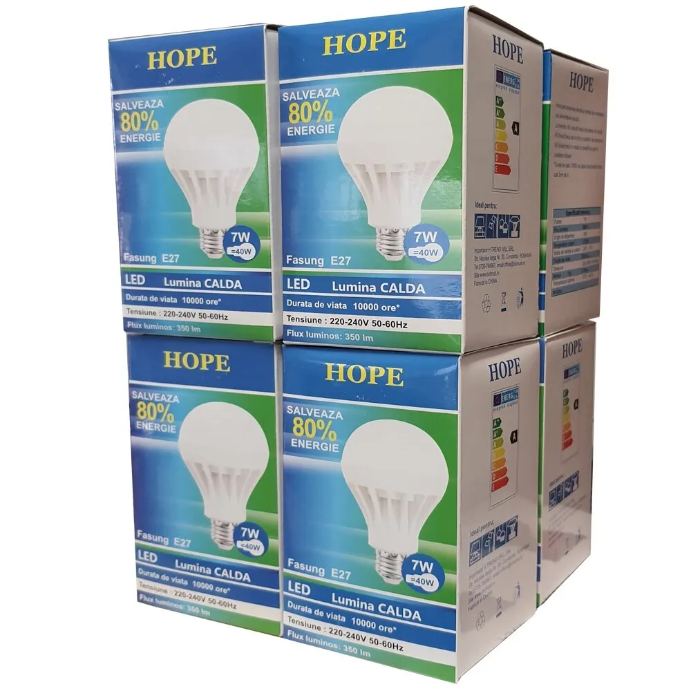 8 db LED izzó csomag, HOPE R, E27, 7W, 2700K, meleg fény, 350 Lm