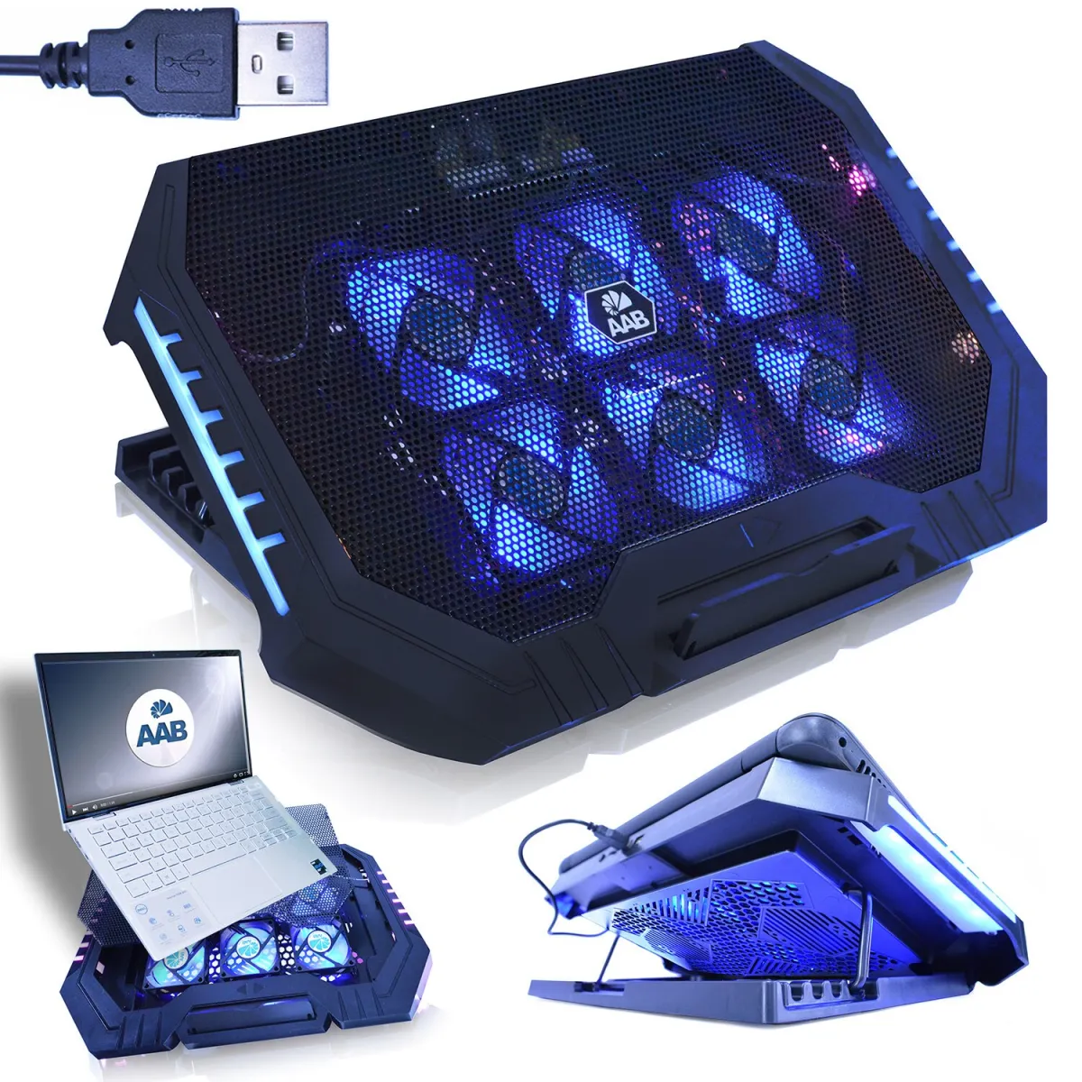 Aabcooling Scutum laptop hűtő, 6 ventilátor, fekete, 10-17 hüvelykes, 2 USB porttal
