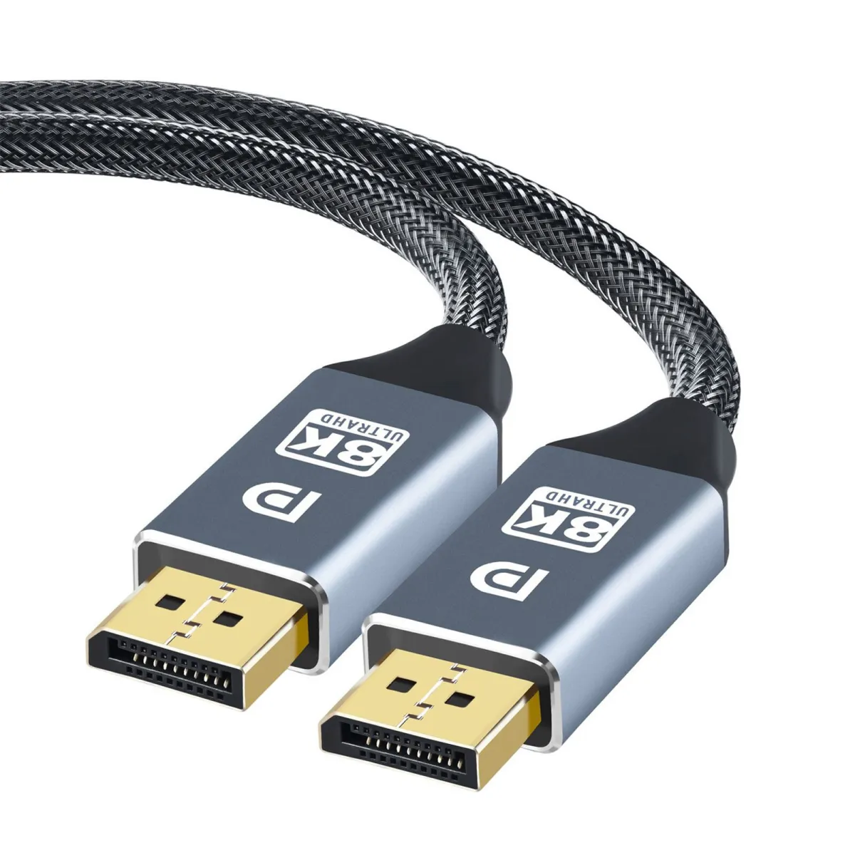 Adapterkábel, Hggzeg, Displayport apa-displayport apa, HDR 8K@60Hz/4K@144Hz/ 2K@165Hz, Ultragyors adatátvitel, 32,4 Gbps, 1,4 DP, Windows, Mac OS, Linux, Alumínium/Nylon, 1 mm-es , szürke/fekete