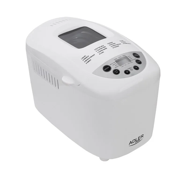 Adler kenyérsütő gép, 15 automatikus program, LCD kijelző, 1250 g, 1100 W teljesítmény, fehér szín