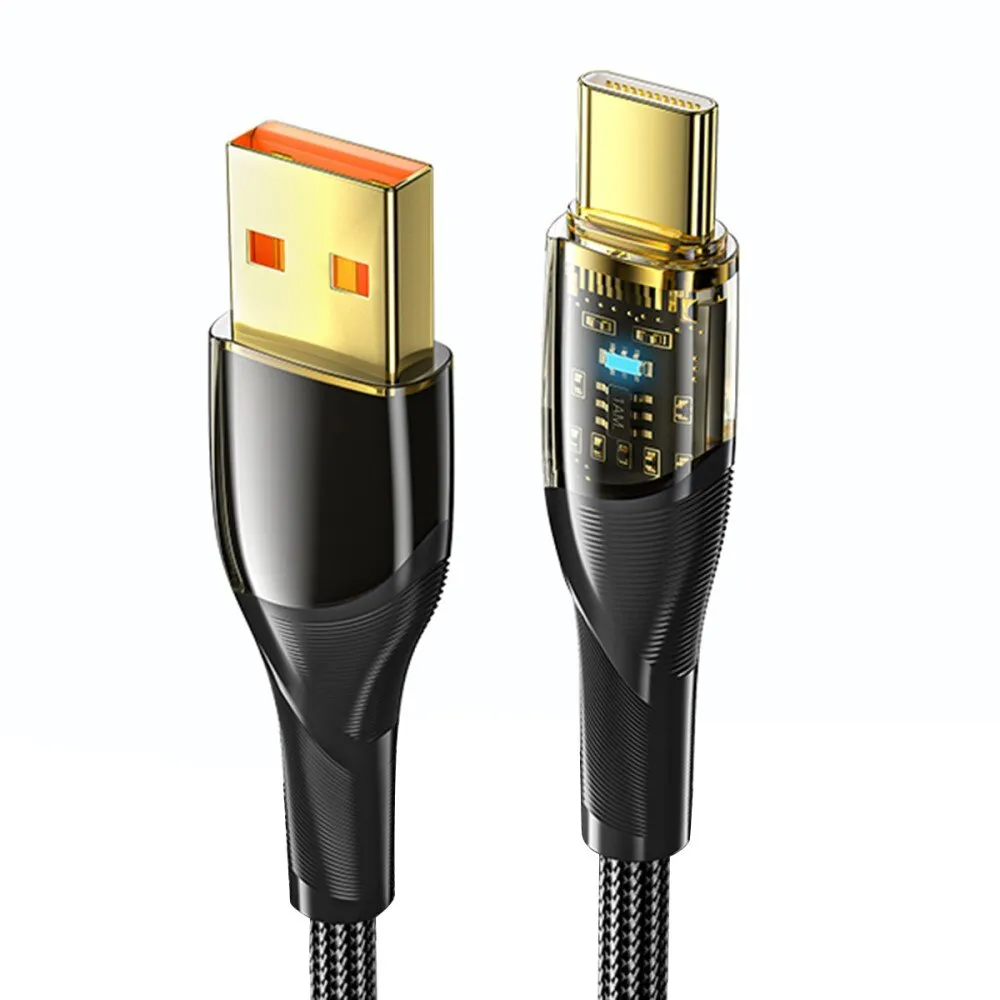 AMPEr USB-A–USB-C Töltő adatkábel, LED, átlátszó, 80 W, 7 A, SuperDart 80 W, SuperDart 65 W, PD, QC4.0, FCP, fekete 2M