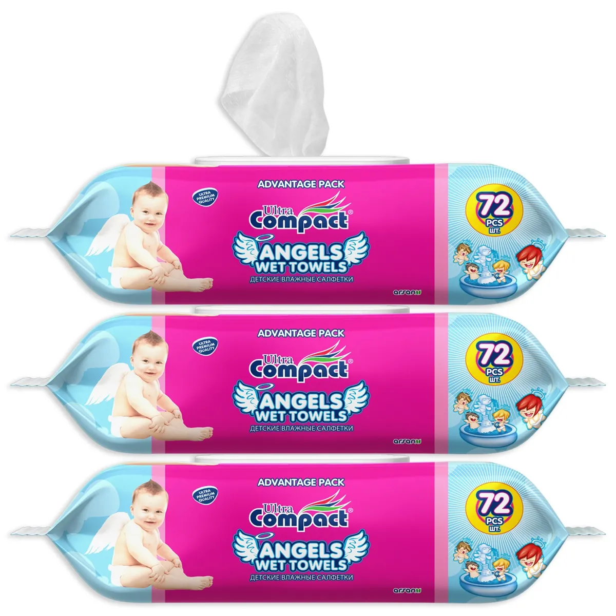 Angels Baby nedves törlőkendő, 3 csomag x 72, 216 db, Large 16x19cm, Ultra kompakt