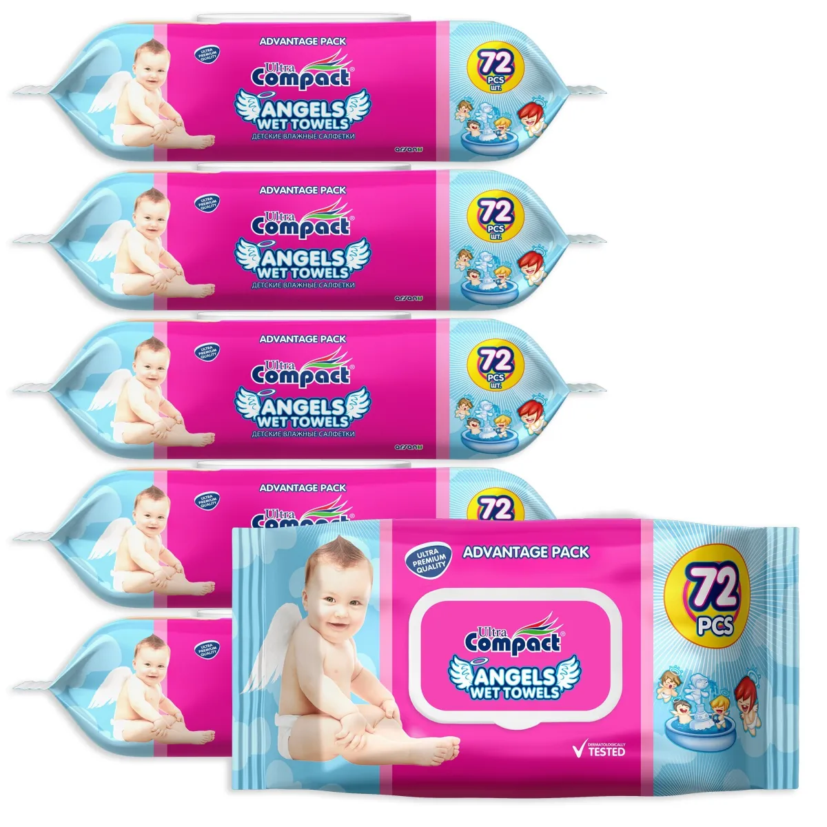 Angels Baby nedves törlőkendők, 6 csomag x 72, 432 db, Nagy 16x19cm, Ultra kompakt