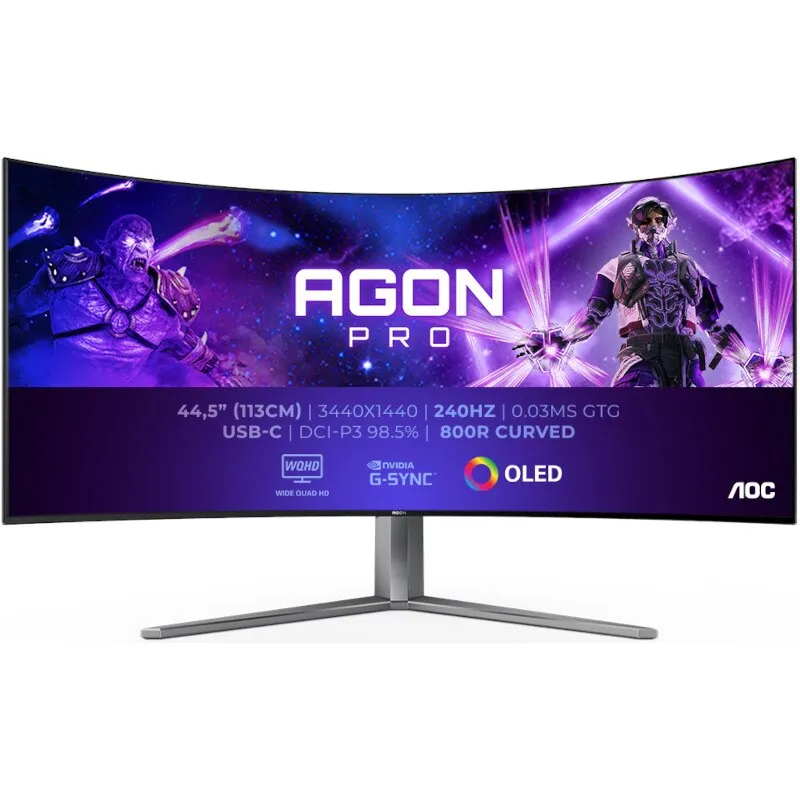 AOC ZDDAG455 AGON PRO ívelt gaming monitor, 44.5", OLED, WQHD, 240 Hz, 0,03 ms, HDR10, FlickerFree, hangszórók, 2x, 8 W, HA, HDMI, DisplayPort, USB, hub, USB-C, KVM, RGB, RGB, Light, FX, Fekete