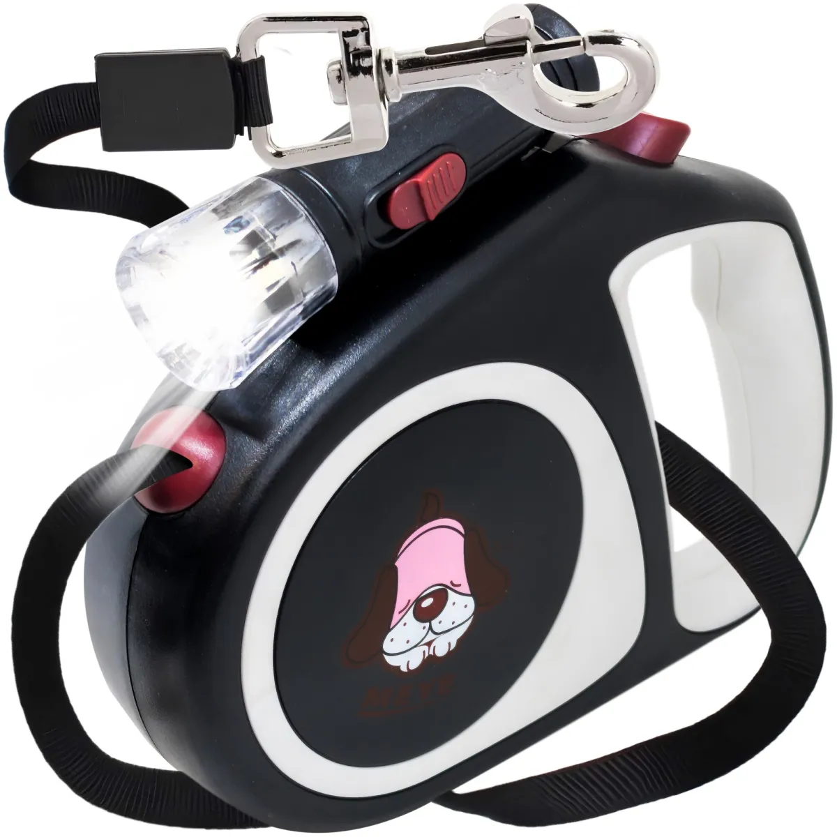 Automata visszahúzható póráz LED-es zseblámpával, 5 m, 4-15 kg, robusztus öv, fekete