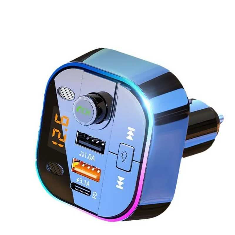 Autós FM-modulátor, Bluetooth 5.0, többfunkciós, 3 gyorstöltő port, autós kihangosítós FM adó, RGB LED, akkumulátorfeszültség kijelző, külső mikrofon, digitális kijelző, univerzális verzió