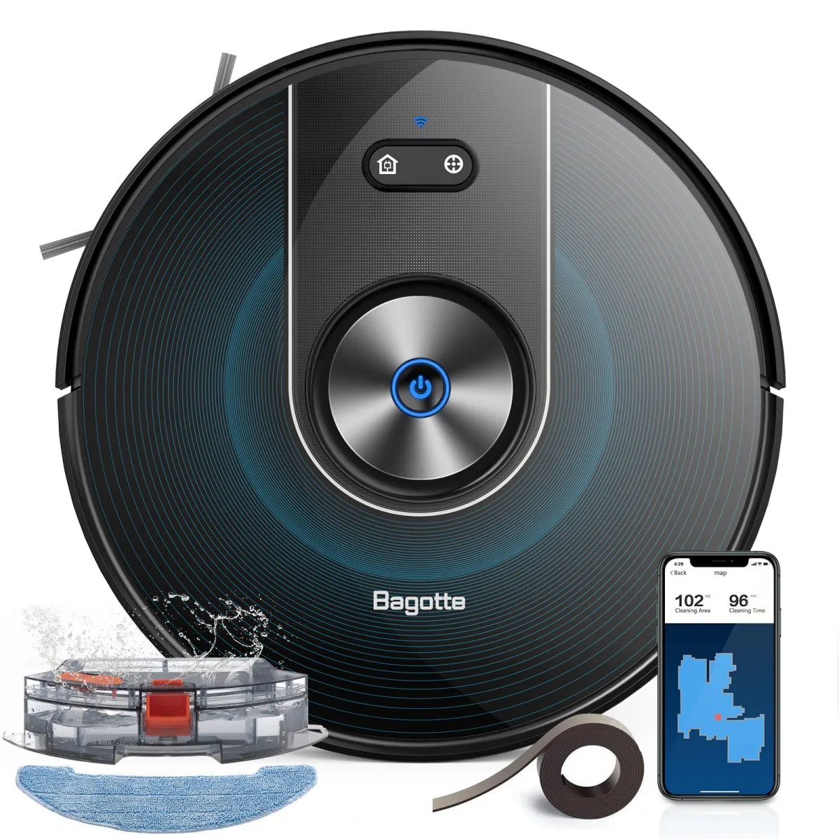 Bagotte BG800 robotporszívó mosással, felmosó funkcióval, alkalmazáson keresztüli távirányítóval, auto boost technológiával, fekete