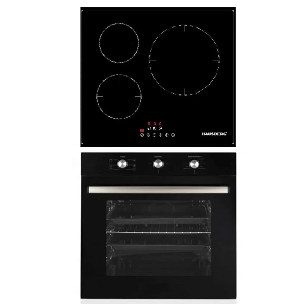 Beépíthető sütő szett, Hausberg HB-8053NG Sütő, Elektromos, Teljesítmény 2225 W, 71 l, 6 funkció, Szellőztetés, Időzítő, A osztály, Beépített főzőlap Hausberg HB1530, Elektromos, Indukciós, 3 főzőzóna, PowerBoost, 60 cm, Fekete