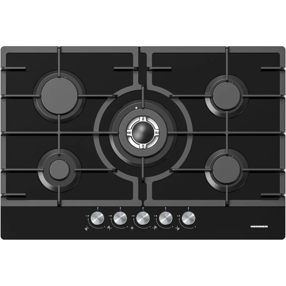 Beépíthető tűzhely Heinner HBH-M705IWFGBK, Gáz, 5 égős, Öntöttvas grill, Wok, Elektromos gyújtás, Biztonsági berendezés, 75 cm, Fekete üveg