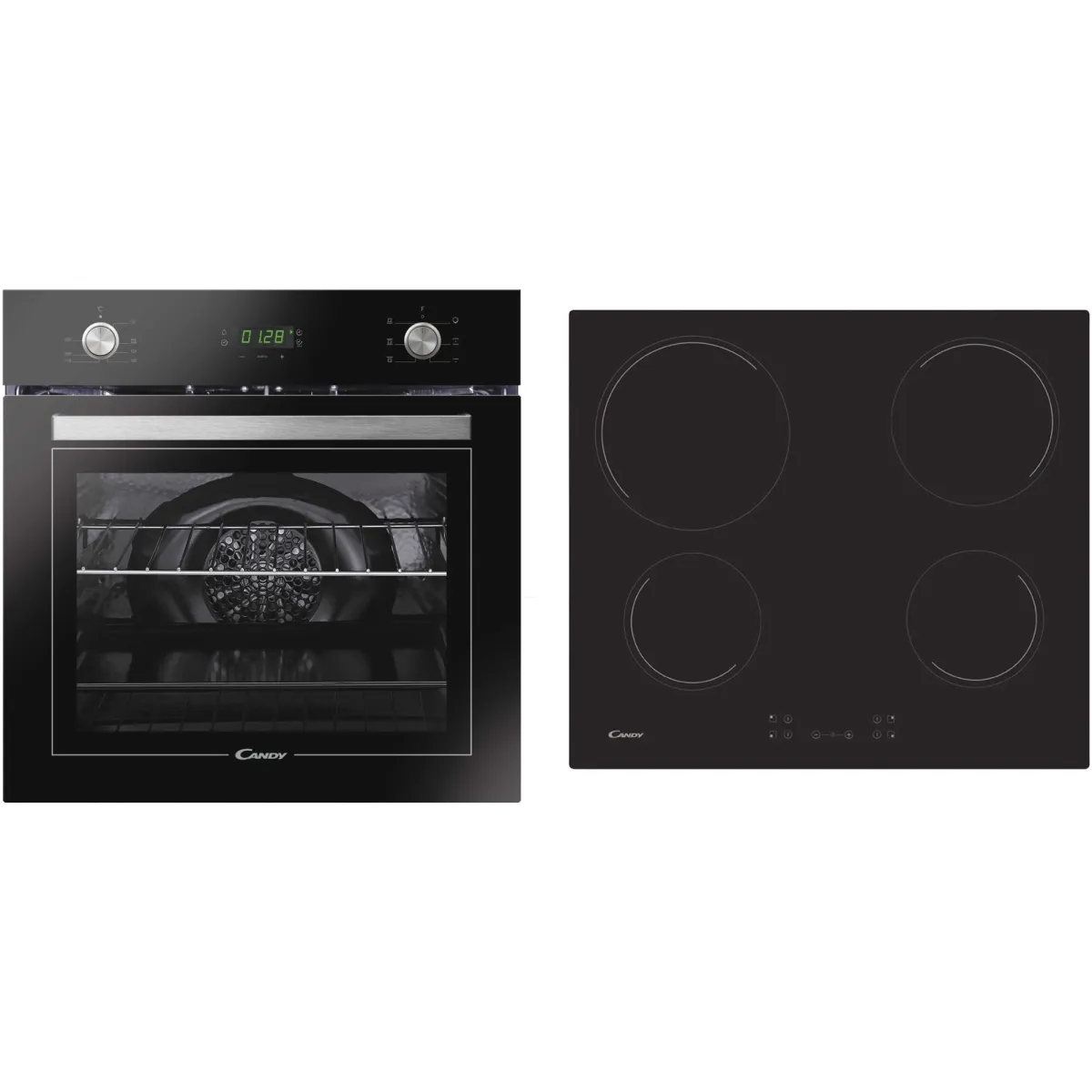 Candy FCT615NXL beépíthető elektromos sütőszett, 65 l, kijelző, grill, A energiaosztály, rozsdamentes acél + Candy CH64CCB beépíthető főzőlap, Vitrokerámia, 4 főzőzóna, 60 cm, Fekete
