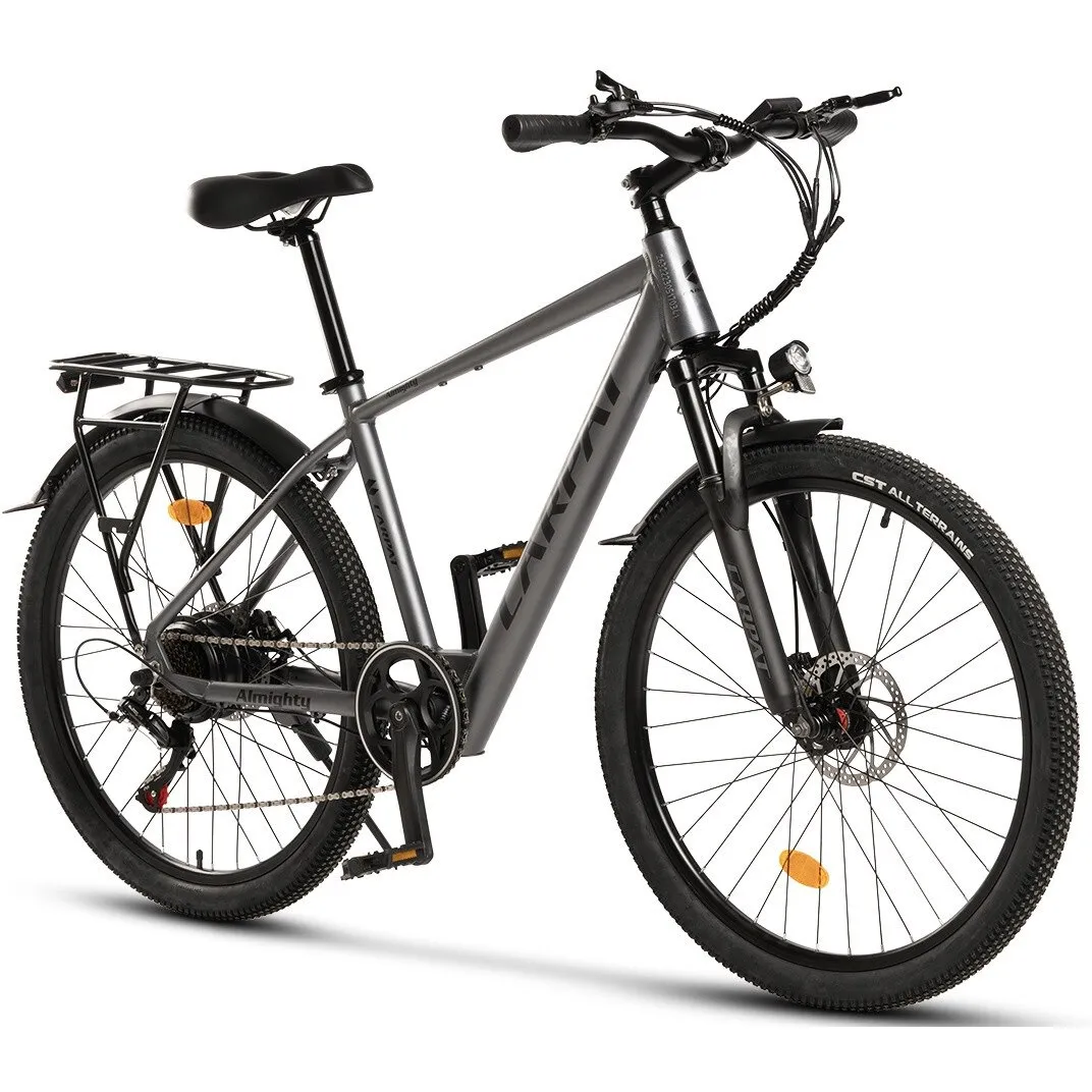 Carpat Elektromos rásegítésű MTB kerékpár 26"-os kerekekkel, 250 W-os motor, Shimano felszereltség, tárcsafékek, felfüggesztő villa, 7 sebesség, szürke, Almighty Genius alumínium vázzal és a vázba integrált 36v10ah akkumulátorral