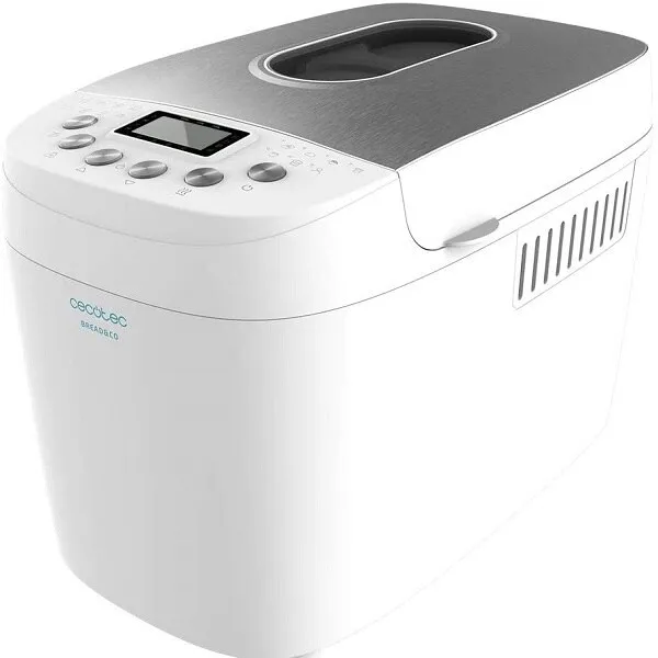 CECOTEC 2229 kenyérsütő, 850 W, 1,5 kg, 15 program, 15 programozható óra, 2 dagasztó kar, 60 percig melegen tartás, hangos figyelmeztetés, LCD kijelző, fehér/ezüst