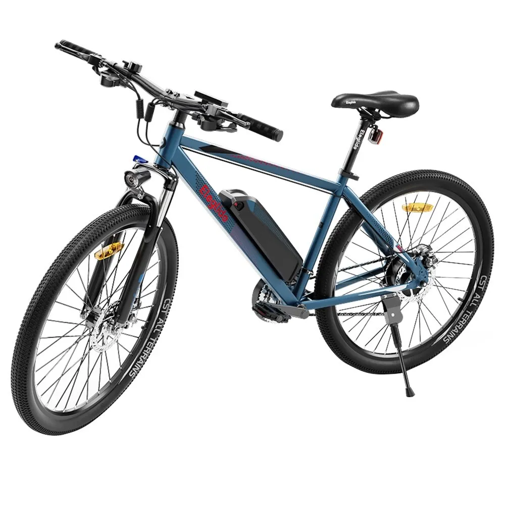 Eleglide M1 elektromos kerékpár, 27,5 hüvelykes, 250 W-os motor, 21 Shimano sebesség, kék szín, súly 26 kg