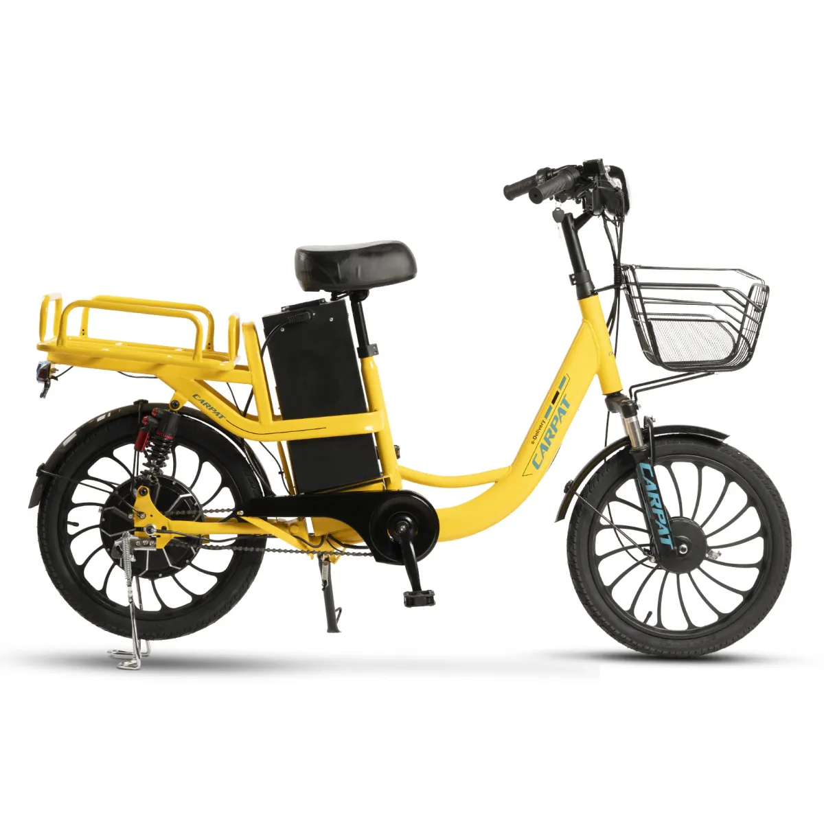 Elektromos kerékpár (E-Bike) roller típusú Carpat E-Delivery C20314E 20", 20 hüvelykes kerekek, első dobfék, hátsó tárcsafék, 350 W-os motor, 60-80 km közötti autonómia, sárga