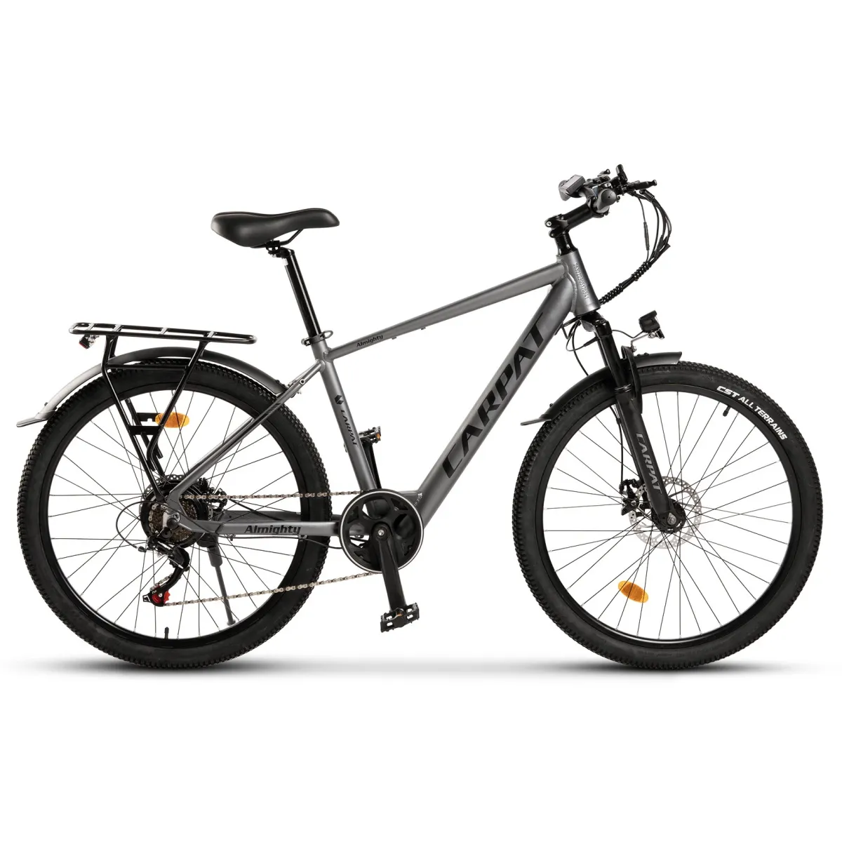Elektromos rásegítésű MTB kerékpár, E-Bike JSX26518E, Carpat márka, 26" kerekek, autonómia 60 km-ig, Li-Ion akkumulátor, max sebesség 25 km/h, Alumínium váz, Tárcsafékek, Shimano felszereltség, 7 sebesség, szürke