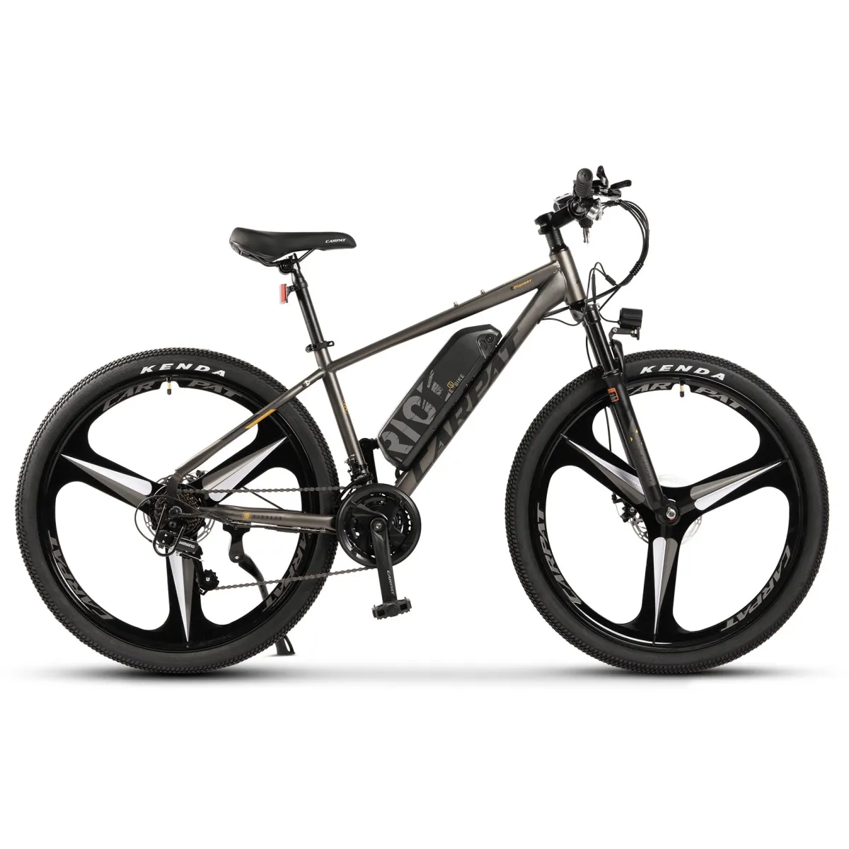 Elektromos rásegítésű MTB kerékpár, E-Bike JSX27517E, Carpat márka, 27,5" kerekek, autonómia 60 km-ig, Li-Ion akkumulátor, max sebesség 25 km/h, Alumínium váz, Tárcsafékek, Shimano felszereltség, 21 sebesség, széles ballon gumik, szürke feketével