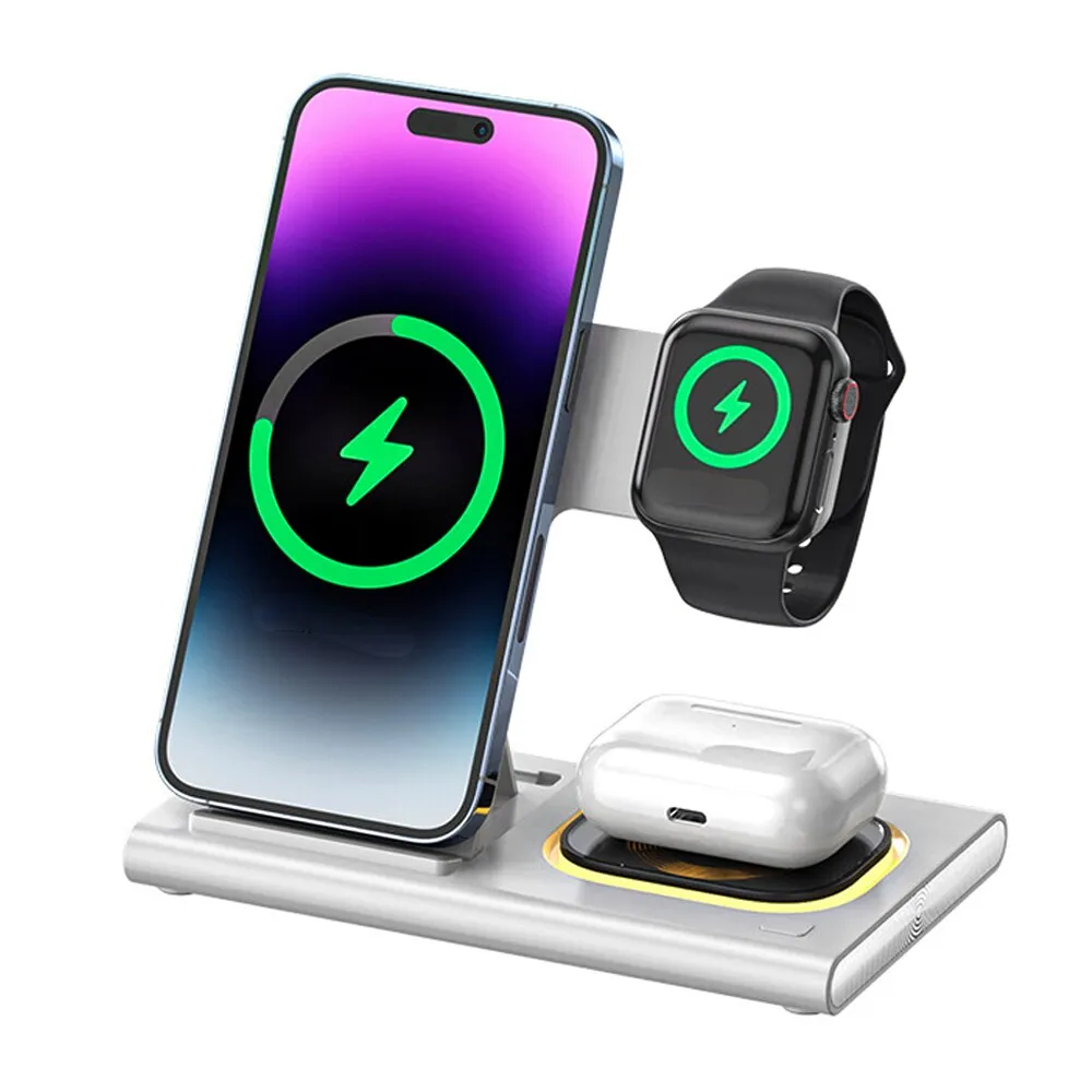 Elindor gyors vezeték nélküli töltő, 3 az 1-ben töltőállomás, 15 W-os gyorstöltés telefonhoz, fülhallgatóhoz, okosórához, összes Airpods sorozat, Apple Watch összes sorozat és iPhone Android Samsung Huawei Xiaomi kompatibilis, fehér