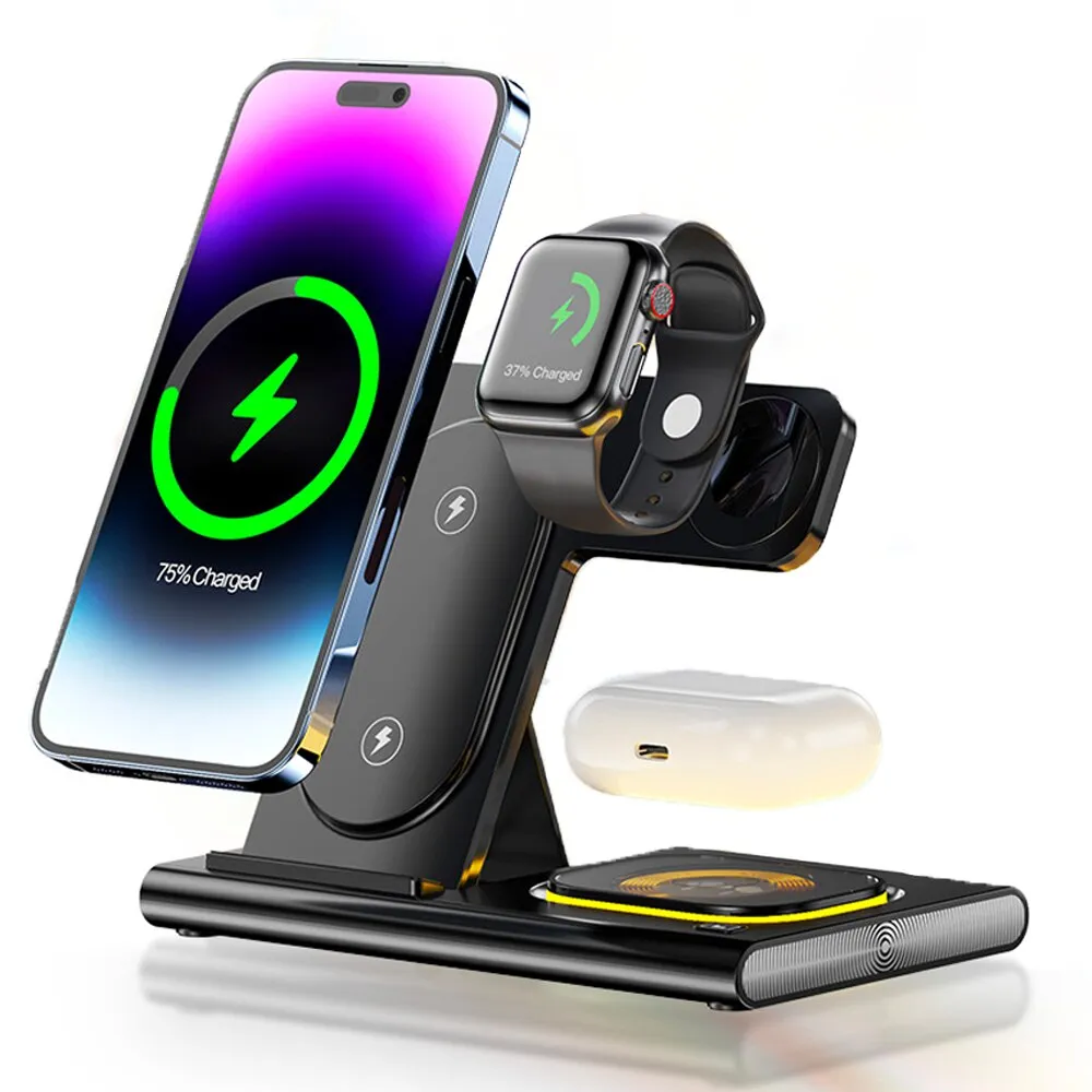 Elindor Gyors vezeték nélküli töltő, 3 az 1-ben töltőállomás, 15 W-os gyorstöltés telefonhoz, fejhallgatóhoz, okosórához, kompatibilis: Airpods, Apple Watch, iPhone, Android, Samsung, Huawei, Xiaomi, matt fekete