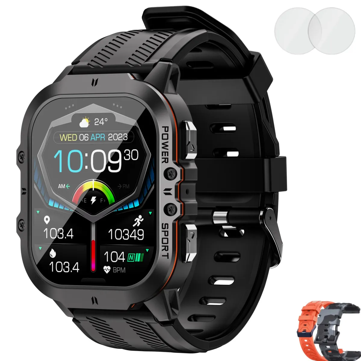 ESL by Essential Level® Okosóra, 1,96" AMOLED Full Touch 410*502 HD Always ON kijelző, Bluetooth 5.2, SMS/közösségi média, 123 fizikai aktivitás figyelése, pulzus/alvás, 1 ATM, 350 mAh, 3 szíj, 2 védőfólia, fekete/narancs