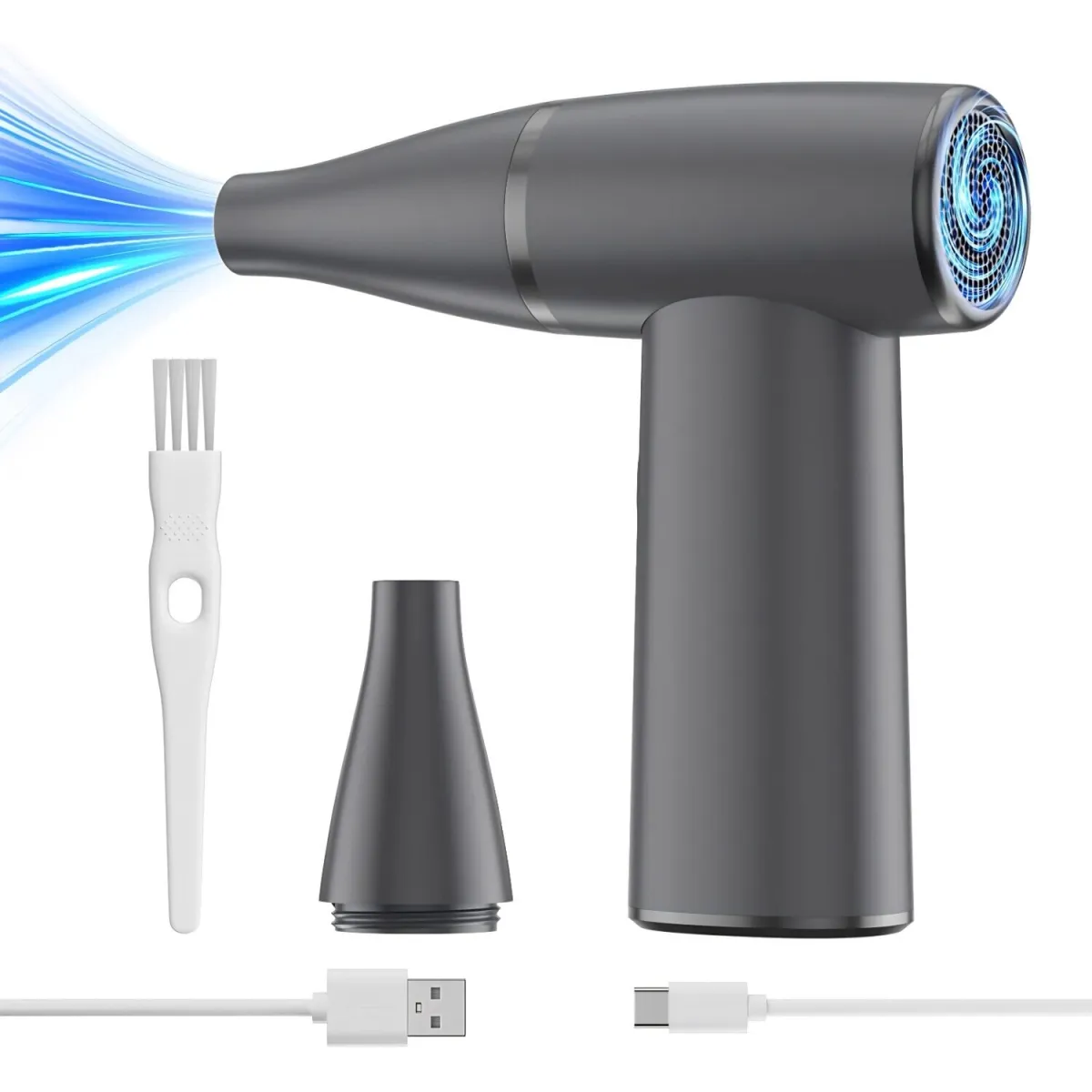 Excitat® hordozható légfúvó, fúvókaventilátor, nagy sebesség, kefe nélküli motor, 4 sebességfokozat, 3300 mAh-s akkumulátor, számítógép por eltávolítás, légkondicionáló, redőnyök, kanapé, telefon, kamera lencse, fekete
