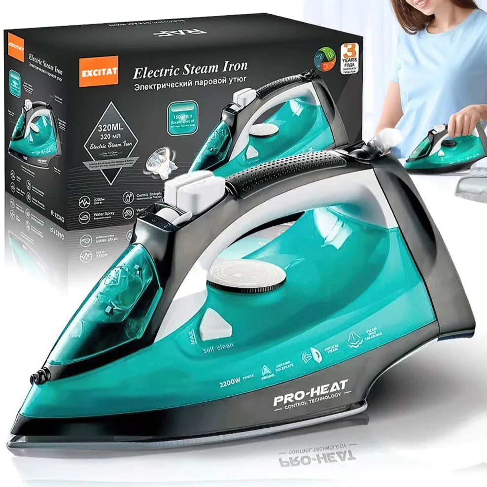 Excitat® vasaló, kerámia talp, 2200 W, 320 ml-es víztartály, LED digitális kijelző, csepp- és vízkőmentesítő funkció, fekete/zöld