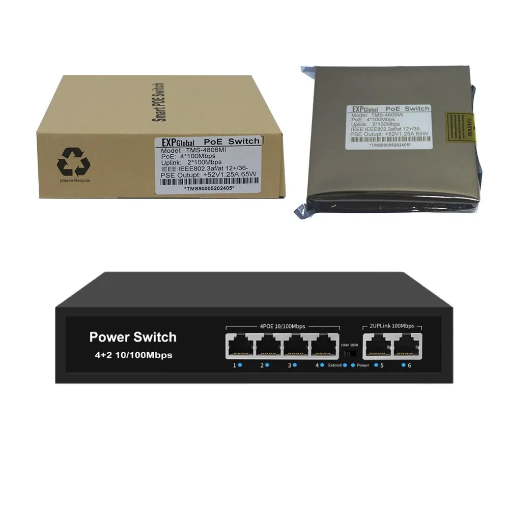 EXPGlobal 4+2 POE kapcsoló, 4 db 100 Mbps POE port, 2 db 100 Mbps UP Link port, 65 W, AI kiterjesztési funkció 250 m-ig, 4 kV villámvédelem, tápellátás Etherneten keresztül, 52 V 1,25 A
