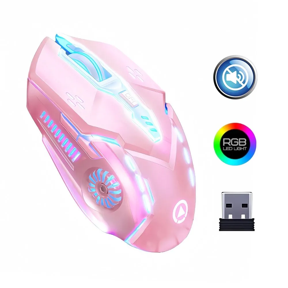 Fbirddek A9 vezeték nélküli gaming egér, 7 fényeffektus, USB vevő, 6 gomb, állítható 1200/1600/2400 / 3200 DPI, 2,4 GHZ, 400 mAh, némítás, RGB világítás, újratölthető, univerzális, rózsaszín