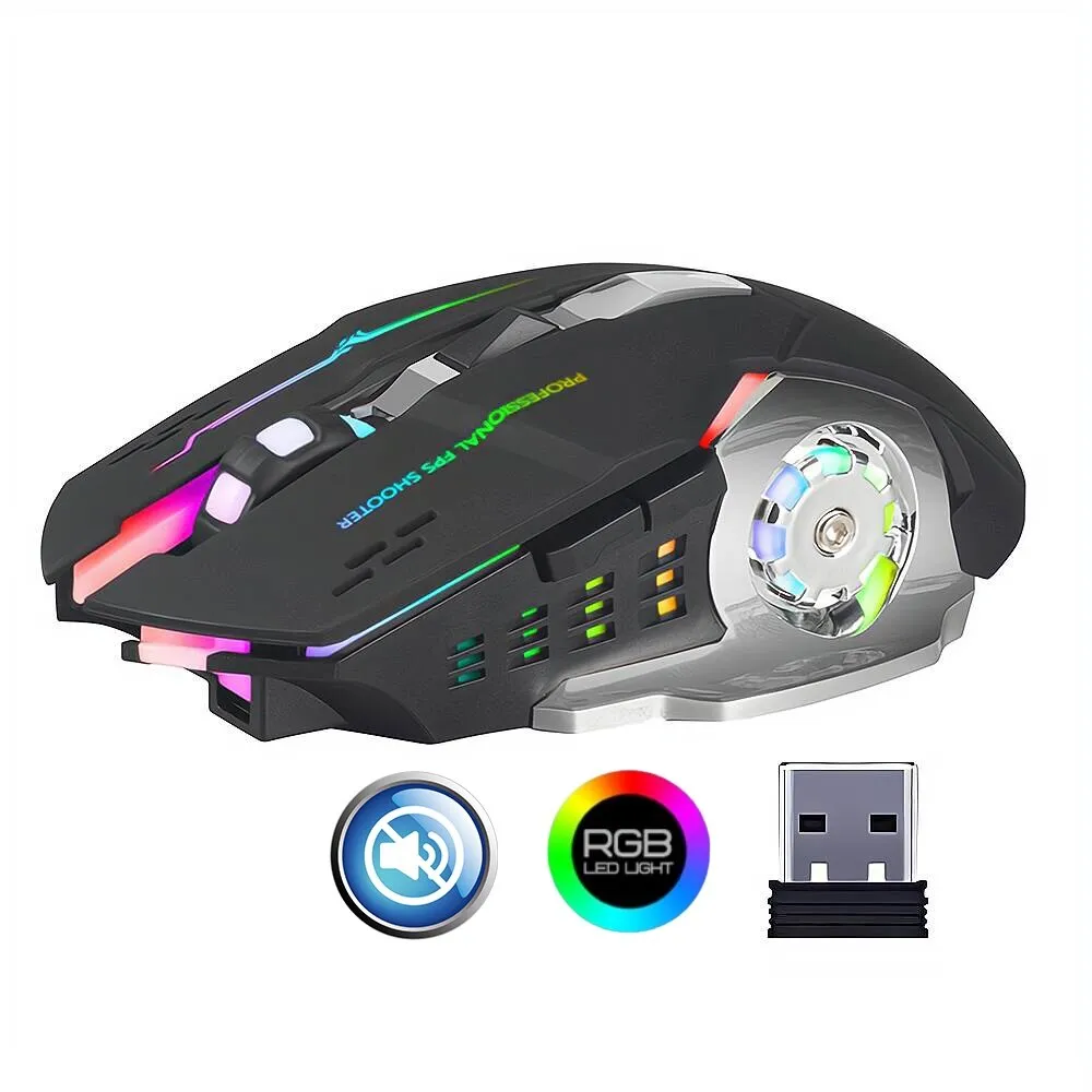 Fbirddek™ T2 vezeték nélküli játék egér, 7 fényeffektus, USB vevő, 6 gomb, állítható 1200/2400/3600DPI, 2,4 GHZ, 400 mAh, némítás, újratölthető, univerzális, fekete