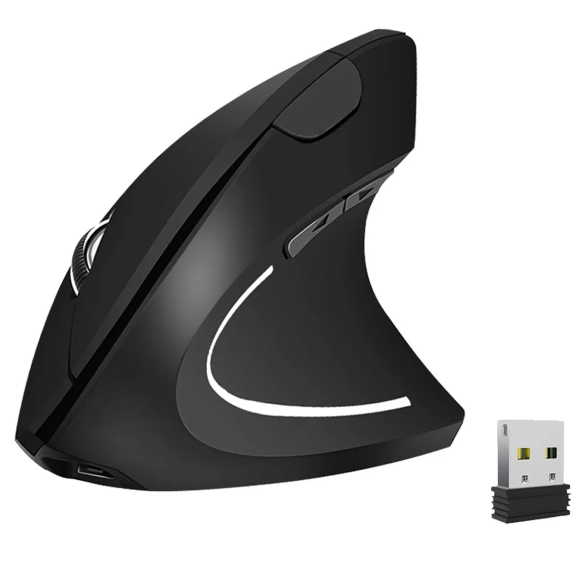 Függőleges egér, SINBINTA, vezeték nélküli 2.4G, USB vevővel, állítható Dpi (800/1200/1600), újratölthető, csúszásgátló görgők, ergonomikus kialakítás, játékra és irodai használatra, ABS, 6,7 x 12,5 x 6,3 cm, fekete