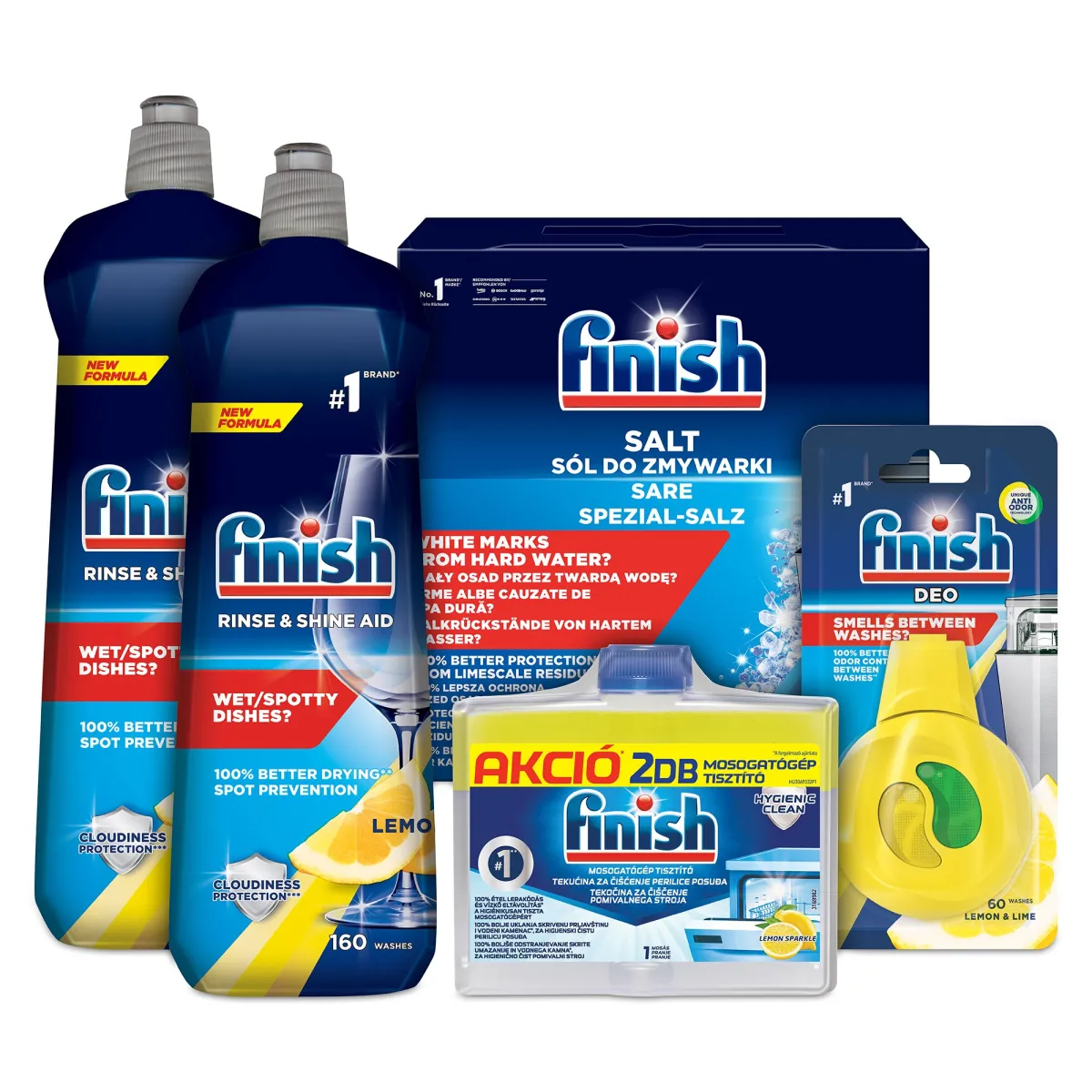 Finish additív csomag a mosogatógép karbantartásához: regeneráló só (4 kg) + gépi öblítőszer (2 x 800 ml) + mosogatógép-tisztító (2 x 250 ml) + mosogatógép illatosító (4 ml)