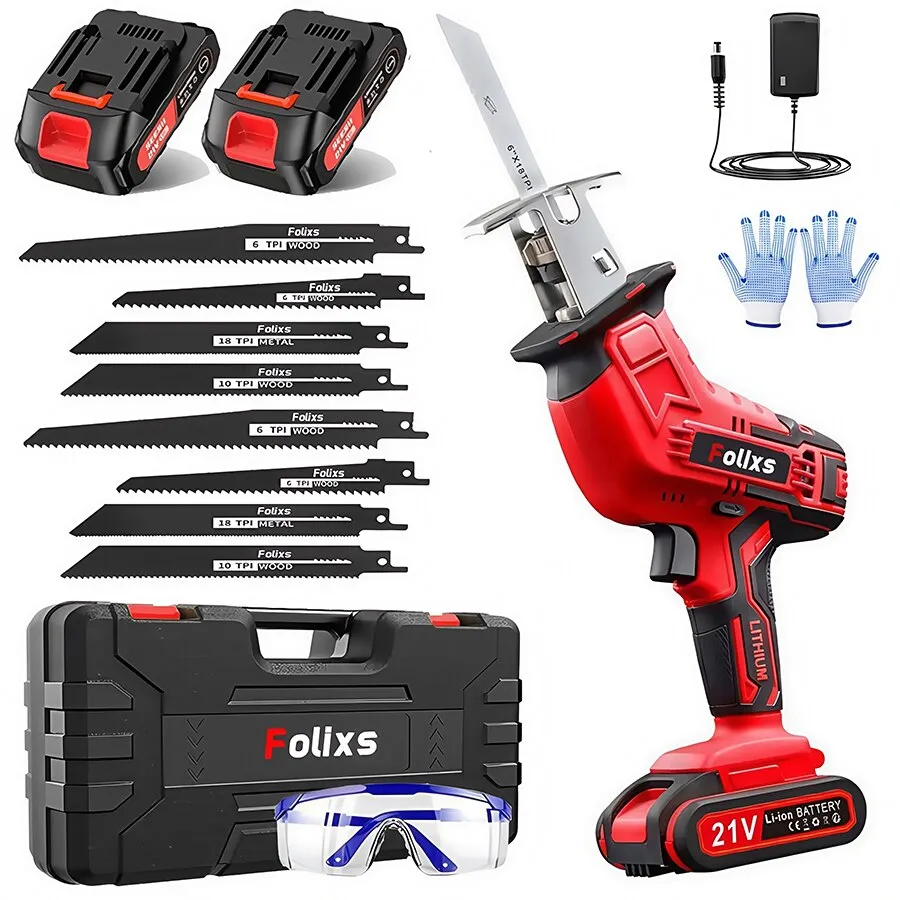 Folixs Dugattyús fűrész, 3000 RPM, 2 elem, 8 penge, LED világítás, ABS/fém